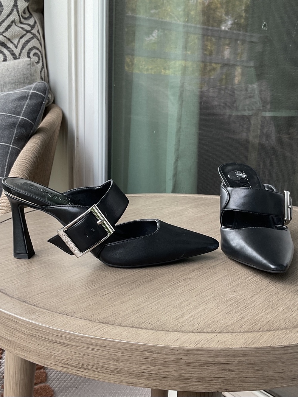 DKNY Black Pointed Mule Heels with Silver Buckle, Size 5.5
